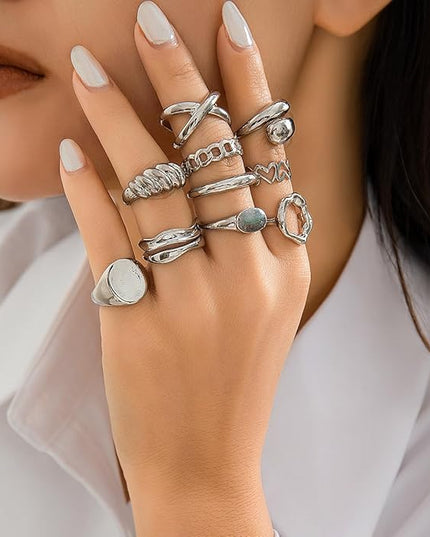 GiftInBox Gold Chunky Rings Set for Women Open Stacking Knuckle Ring Adjustable Round Dome Rings Set Minimalist Irregular Statement Women Ring Jewelry Gift