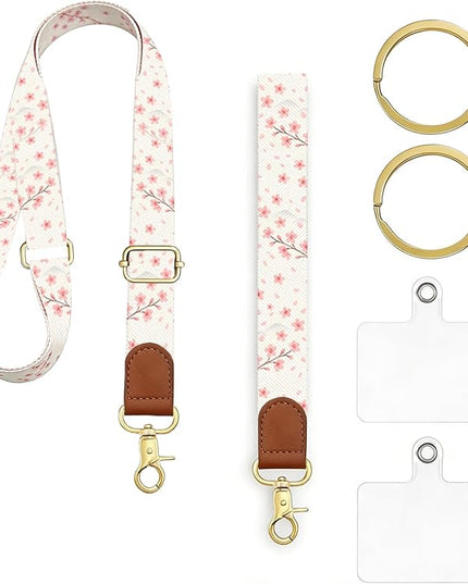 Phone Lanyard Crossbody with Wrist Strap, Adjustable Sakura Neck & Wrist Lanyard for Phones, Keys, ID Badges and Case Accessories – Universal Hands-Free Strap Set