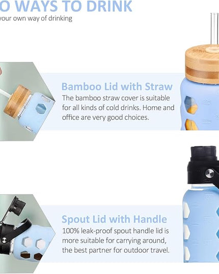 MUKOKO Glass Water Bottles,32oz Glass Tumbler with Straw,Drinking Bottles with 2 Lids-Handle Spout Lid&Bamboo Straw Lid,Motivational Water Bottle with Time Marker and Silicone Sleeve,1 Pack-Glacier