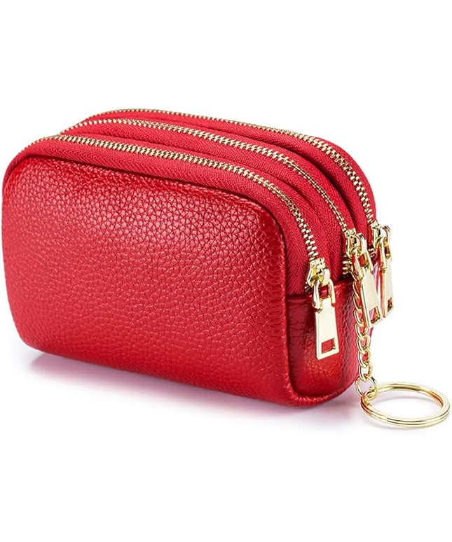 LINNO 3 Zippered Genuine Leather Coin Purse Triple Capacity Change Pouch Little Travel Wallet With Key Ring for Women