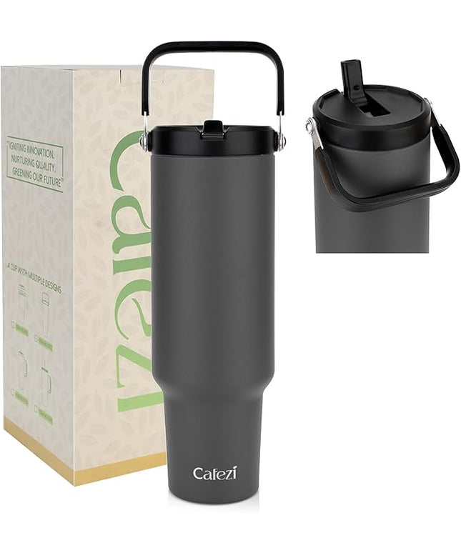 50 oz Tumbler with Handle and Straw, Stainless Steel Water Bottles with Flip Straw and Top Handle, Leak Proof, Fits in Cup Holder, Vacuum Insulated Water Bottle for Home, Office, Hiking, Car