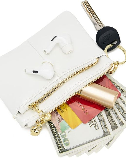 ZOOEASS Women PU Leather Zip Mini Coin Purse With Key Ring Triple Zipper Card Holder Wallet (White)