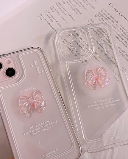 for iPhone 12 Pro Case, [2 in 1 with Pearl Beaded Wrist Strap Bracelet Chain] 3D Cute Pink Bow Decor for Women Girl