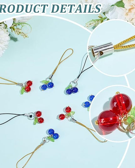 CRASPIRE 40Pcs Glass Cherry Cell Phone Charm Red Blue Fruit Ornaments Acrylic Mobile Straps Keychain Car Key Hanging Wallet Pendants Decor Accessories Gift Women Decoration