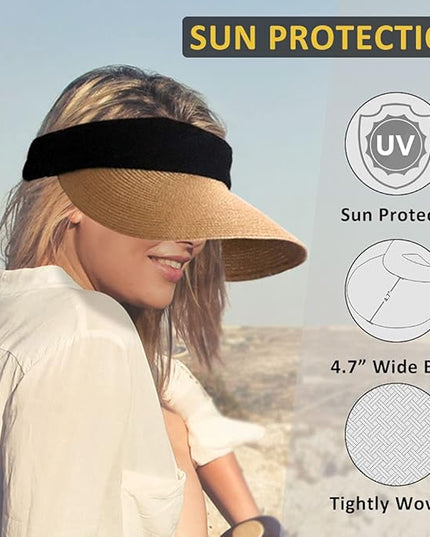 Women Straw Sun Visor Hat Wide Brim Summer UV Protection Beach Cap Foldable Packale Korean Style