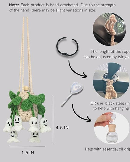 Handmade Crochet Hanging Car Air Freshener - Glow-in-the-Dark Lily of the Valley Plant with 12ml Refillable Essential Oil Diffuser Bottle, Halloween Car Accessories & Bedroom Nightlight Decor