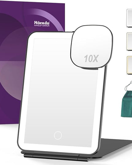 Mocado LED Foldable Travel Makeup Mirror - 5x7 inches 3 Colors Light Modes USB Rechargeable Touch Screen, Portable Tabletop Cosmetic Mirror for Travel, Cosmetic, Office (Black)