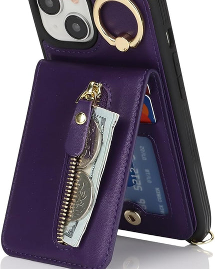 for iPhone 15 Wallet Case with Card Holder, for iPhone 15 Case Wallet with Strap Credit Card Slot, Crossbody Bag with Zipper Case for iPhone15 - Purple