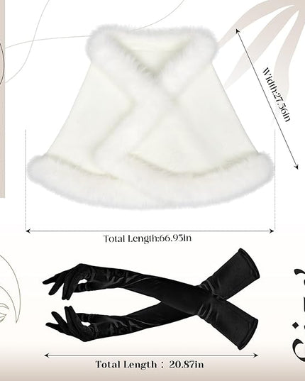 Zhanmai 2 Pcs Winter Long Shawl Cloak Stretchy Glove Opera Bridal Dance Gloves for Women Dress Party Coat