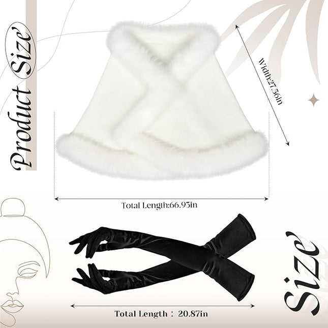 Zhanmai 2 Pcs Winter Long Shawl Cloak Stretchy Glove Opera Bridal Dance Gloves for Women Dress Party Coat