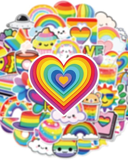 50PCS Rainbow Stickers, Waterproof Vinyl Decals Cute Water Bottle Stickers for Notebooks, Stationery, Luggage, Cartoon PVC Happy Stickers