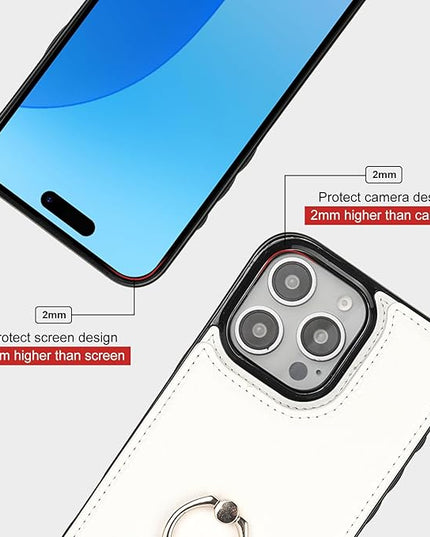 Folosu Compatible with iPhone 16 Pro Max Case Wallet with Card Holder, 360°Rotation Finger Ring Holder Kickstand, RFID Blocking Leather Protective Double Buttons Shockproof Cover 6.9 Inch White