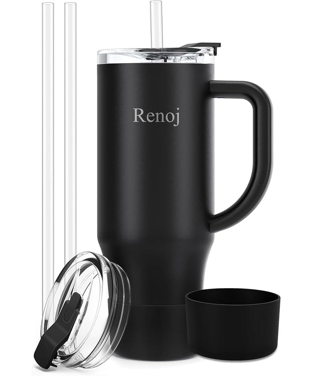 Renoj Tumbler with Handle 100% Leak Proof Insulated Water Bottle for Iced Coffee & Hot Drinks - Fits Car Cup Holder, Ideal Gift, 2 Straws & Silicone Boot BPA-Free - SnapShift Black 32 oz