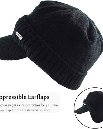 Winter Beanie w/Visor & Earflaps for Men Outdoor Fleece Hat Scarf Set