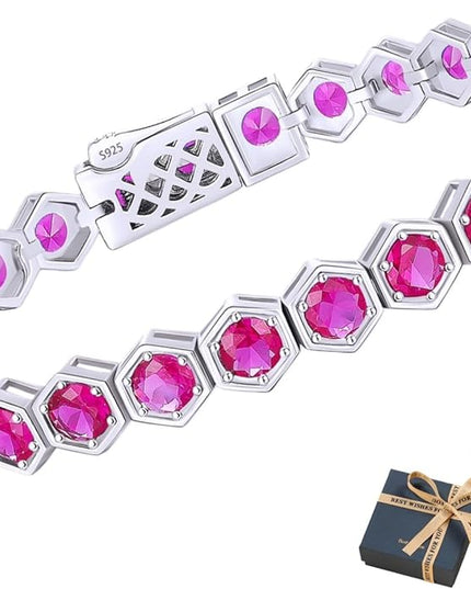 Birthstone Tennis Bracelets for Women Birthday Gifts 925 Sterling Silver Hexagon White Gold Bracelets Round Cut 5A Cubic Zirconia Prong Setting 7 Inch Anniversary Jewelry Gift
