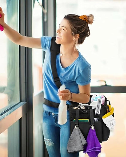 Ytonet Extra Large Cleaning Caddy Bag with 4 Foldable Dividers, Wearable Cleaning Caddy Organizer with Handle & Shoulder Strap & Waist Strap, Housekeeping Tote for Cleaners, Black Grey