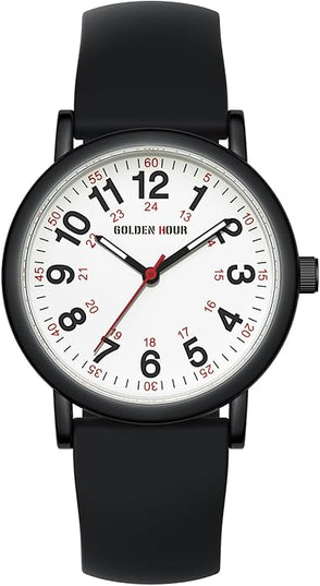 GOLDEN HOUR Waterproof Nurse Watch for Medical Professionals, Students Women Men - Military Time Luminouse Easy Read Dial, 24 Hour with Second Hand, Colorful Silicone Band