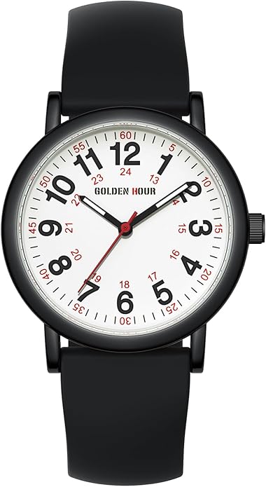 GOLDEN HOUR Waterproof Nurse Watch for Medical Professionals, Students Women Men - Military Time Luminouse Easy Read Dial, 24 Hour with Second Hand, Colorful Silicone Band