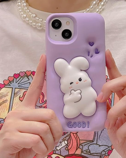 Case for iPhone 14 Pro,Cute 3D Kawaii Phone Cases Funny Bunny Purple Cartoon Cover Bear Phone Case Soft Silicone Gel Drop Protection Case Women Girls for iPhone 14 Pro