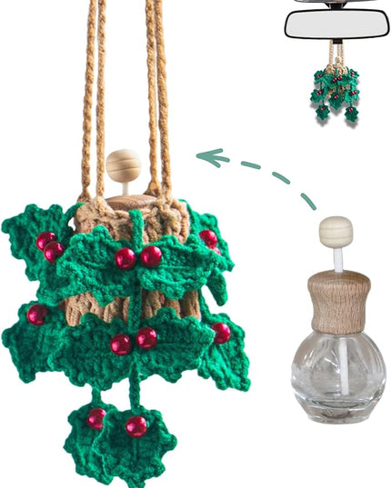 Handmade Crochet Car Air Freshener - Crochet hanging holly plants with 12ml Empty Refillable Oil Diffuser Bottle, Green Car Accessory for Mirror Decor and Home Decor
