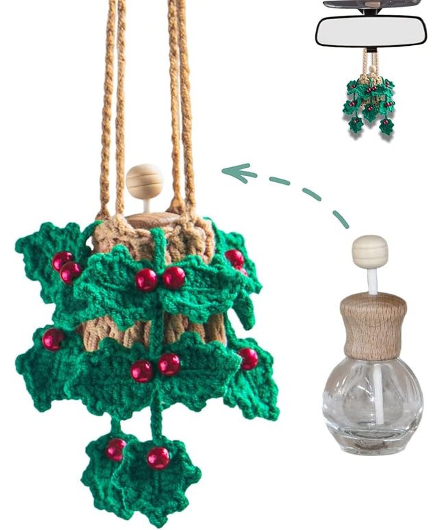 Handmade Crochet Car Air Freshener - Crochet hanging holly plants with 12ml Empty Refillable Oil Diffuser Bottle, Green Car Accessory for Mirror Decor and Home Decor