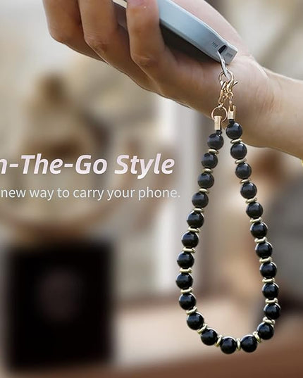 Marble Beaded Phone Wrist Strap,Detachable Phone Bracelet Strap with Tether Tab,Hands-Free Wristlet Strap (Obsidian-Black)