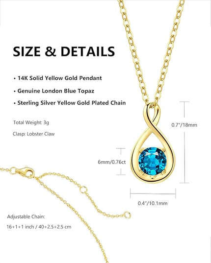 FANCIME 14K Solid Gold Birthstone Pendant with Sterling Silver Chain Infinity Gemstone Necklace Fine Jewelry Anniversary Birthday Christmas Gifts for Women Wife Her