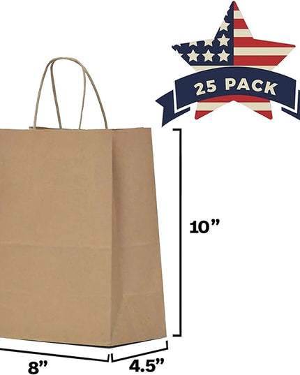 Qutuus Kraft Paper Gift Bags with Handles 8x4.5x10 25Pcs Brown Gift Bags Bulk Medium Size Small Business Bags, Party Bags, Retail Kraft Shopping Bags