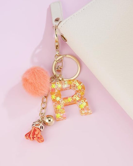 Resin Alphabet Initial Letter Keychain Keyring for Women Purse Handbags With Fur Ball Pom