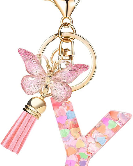 Fashion Alphabet Initial Letter Keychain Tassel Butterfly Pendant Key Ring for Purse Handbags Women Girl