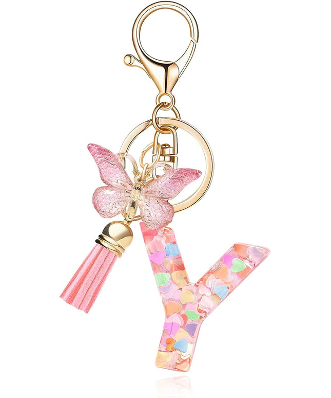 Fashion Alphabet Initial Letter Keychain Tassel Butterfly Pendant Key Ring for Purse Handbags Women Girl