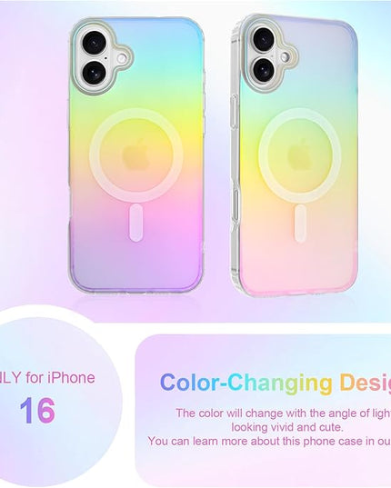 Cute Case for iPhone 16 Case for Women Girls [Compatible with Magsafe] Aesthetic Girly Glitter Bling Rainbow Magnetic Protective Phone Cover, Translucent Iridescent Blue & Pink