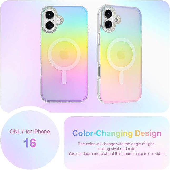 Cute Case for iPhone 16 Case for Women Girls [Compatible with Magsafe] Aesthetic Girly Glitter Bling Rainbow Magnetic Protective Phone Cover, Translucent Iridescent Blue & Pink
