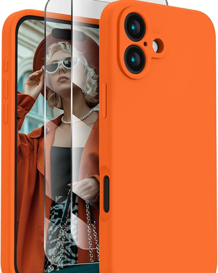 FireNova Designed for iPhone 16 Case, Silicone Upgraded [Camera Protection] Phone Case with [2 Screen Protectors], Soft Anti-Scratch Microfiber Lining Inside, 6.1 inch, Neon Orange