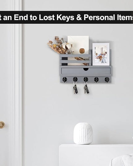Lucundm Key Holder Wall Mount, Mail Holder with Storage Drawer and 5 Key Hooks for Coat, Dog Leash, Home Decor Rack, House Accessories, Entry Way Organizer (Gray)