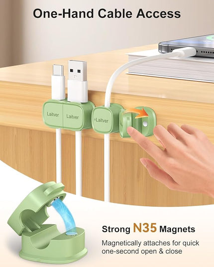 6 Pack Magnetic Cable Clips [1s Open/Lock], Laitver Cord Organizer Holder Strong Adhesive Desk Cable Management- Organize Charging Cords Neatly for Home, Office, Car,Desk, Nightstand-Cyan