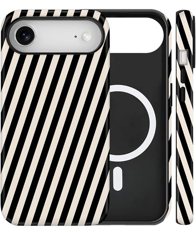 Magnetic for iPhone 17 Air Case Cute Diagonal Stripes Phone Case, Shockproof Slim TPU and Hard PC Protective Phone Cover Compatible with MagSafe Designed for Women Girls,Black and White