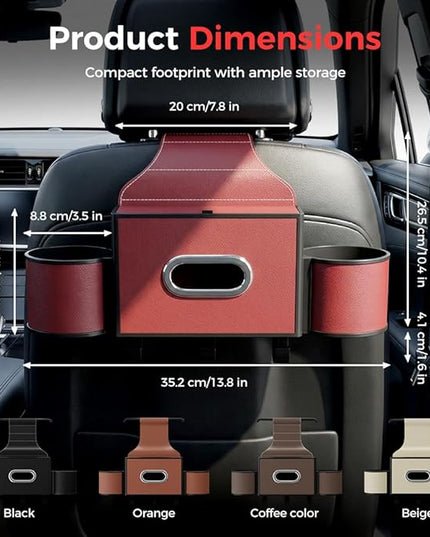 3-in-1 Car Backseat Organizer with Cup Holder, Tissue Box, Trash Bin & Hooks,Multifunctional Back Seat Car Organizer for Hold Phones, Snacks, Drinks, and Handbags (A-Coffee)