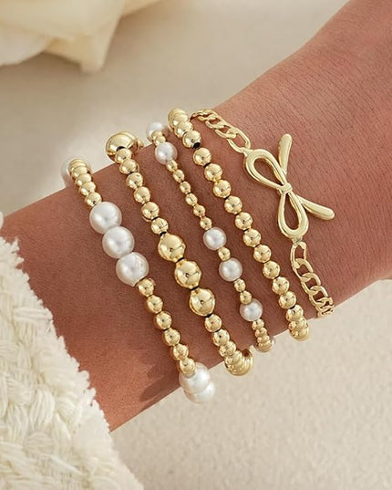 Gold Beaded Bracelets for Women, 14K Real Gold Plated Jewelry for Women Dainty Pearl Bead Bracelets Stack, Non Tarnish Trendy Stackable Ball Cross Stretch Bracelet Set Fashion Accessories Gifts