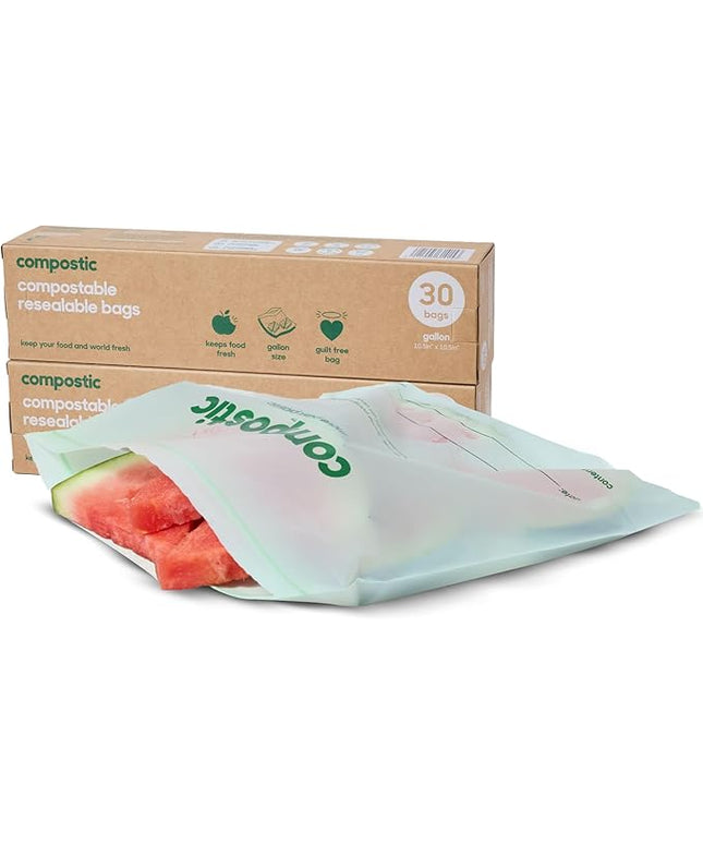 Compostic Home Compostable Resealable Gallon Bags, Microwave & Freezer Safe, Organic Food Storage Container, 60 Count