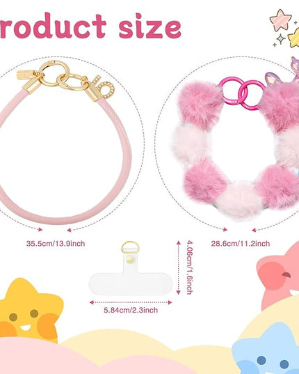 2 Pcs Phone Charm Wrist Strap with Tether Tab, Double Anti Lost Fluff Ball Beaded Wrist Lanyard, Detachable Leather Phone Charms for Bag, Key Chains, Camera Decor