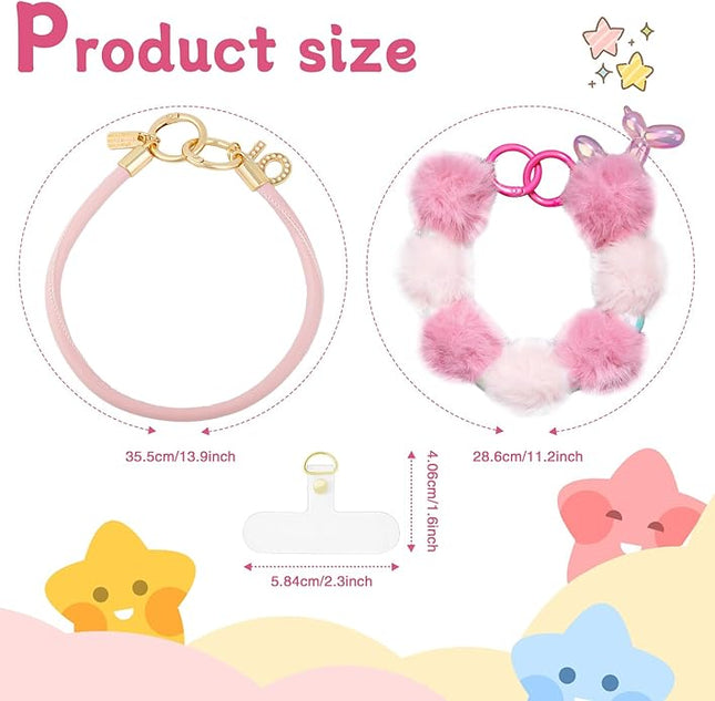 2 Pcs Phone Charm Wrist Strap with Tether Tab, Double Anti Lost Fluff Ball Beaded Wrist Lanyard, Detachable Leather Phone Charms for Bag, Key Chains, Camera Decor