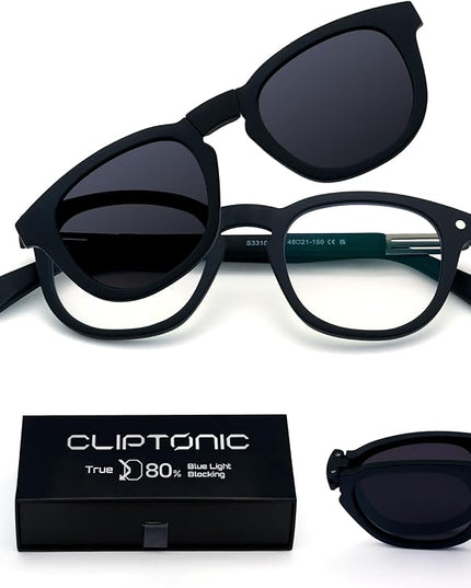 2-in-1 Magnetic Clip- On Blue Light Blocking Glasses Round Semi Cat-Eye Frame+Polarized UV400 Clip, TR90 Frame