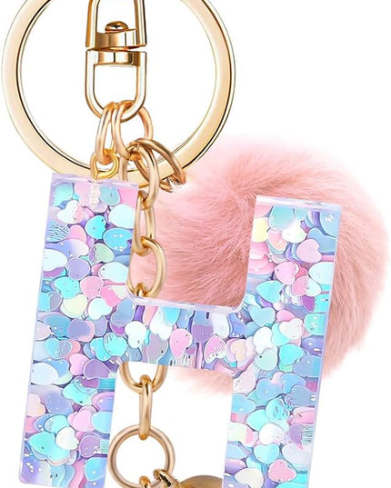Resin Alphabet Initial Letter Keychain Keyring for Women Purse Handbags With Fur Ball Pom