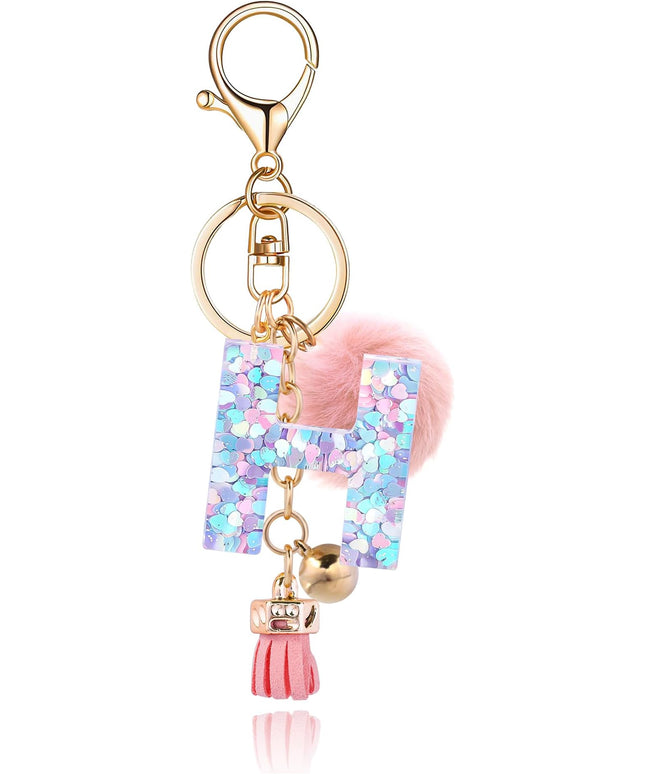 Resin Alphabet Initial Letter Keychain Keyring for Women Purse Handbags With Fur Ball Pom