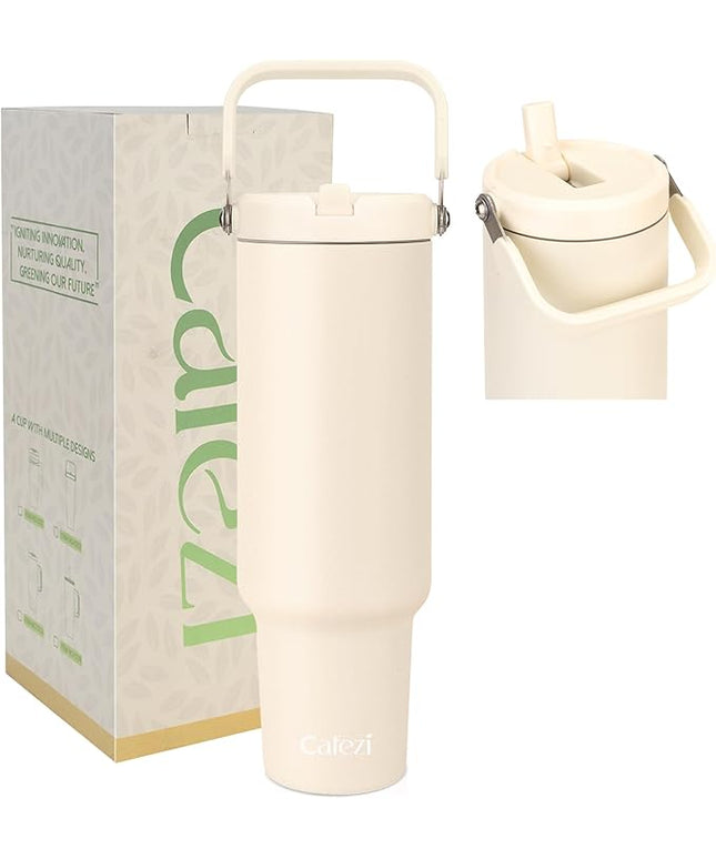 50oz Insulated Tumblers, Stainless Steel Water Bottles with Flip Straw and Top Handle, Leak Proof, No Sweat, Fits in Cup Holder, Vacuum Insulated Cup for Home, Office, Outdoors, Car