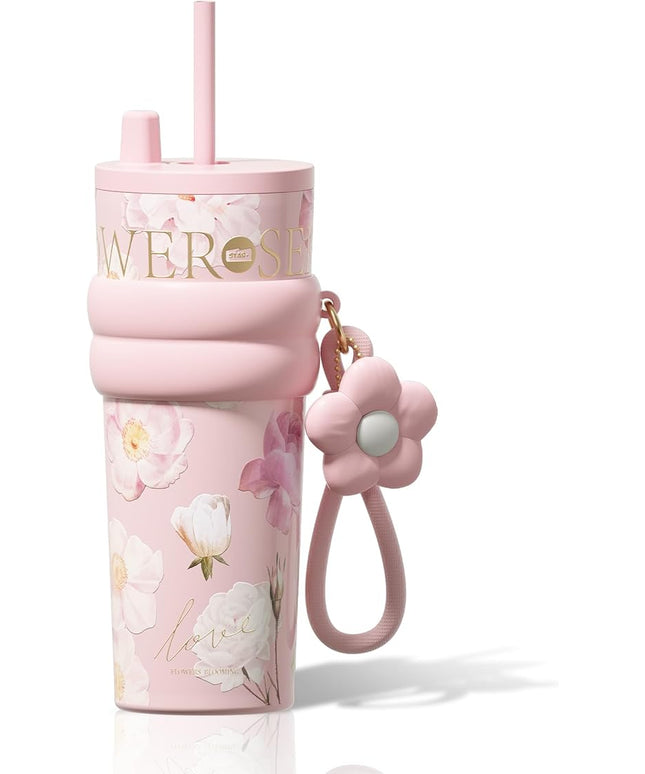 24 oz Stainless Steel Tumbler with Lid and Straw, Insulated Coffee Mug, Leak Proof, Portable Iced Travel Water Bottle, Reusable Thermal Coffee Cup, Floral Pink