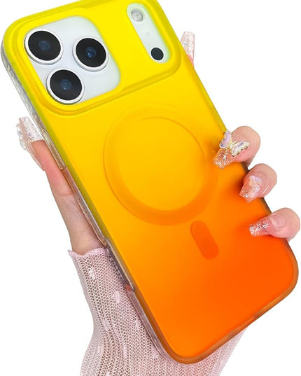 Aesthetic Case for iPhone 17 Pro Max Case for Women Girls [Compatible with Magsafe] Cute Girly Trendy Glitter Sparkly Rainbow Magnetic Protective Phone Cover, Matte Iridescent Yellow & Orange