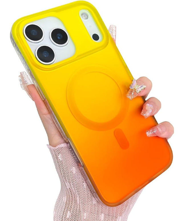 Aesthetic Case for iPhone 17 Pro Max Case for Women Girls [Compatible with Magsafe] Cute Girly Trendy Glitter Sparkly Rainbow Magnetic Protective Phone Cover, Matte Iridescent Yellow & Orange