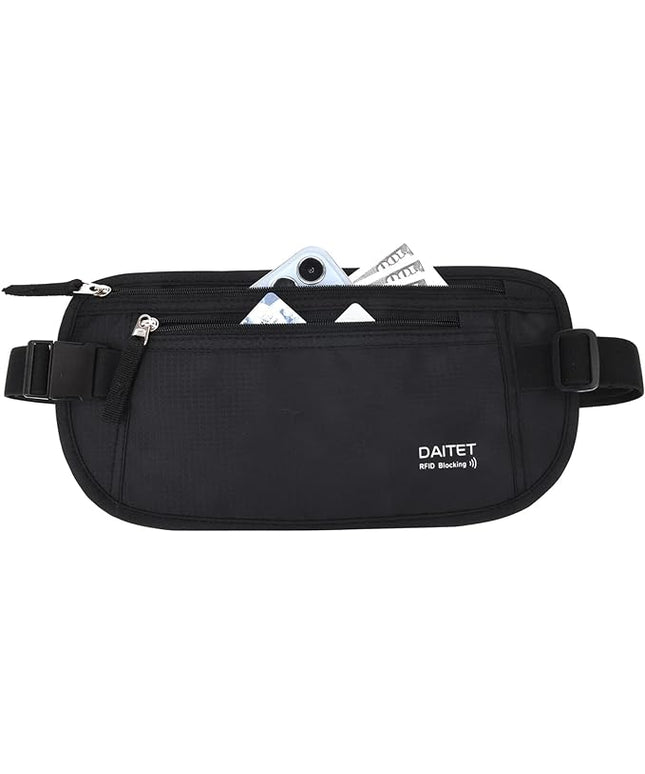 DAITET Money Belt - Passport Holder Secure Hidden Travel Wallet with RFID Blocking, Undercover Fanny Pack (Black)
